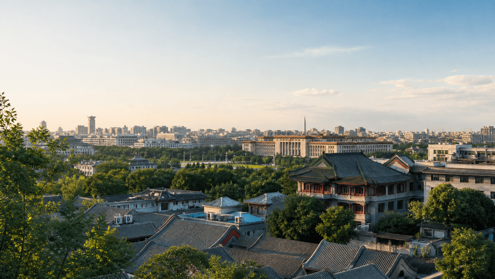 Generated placeholder photograph of layered Beijing rooftops and city greenery